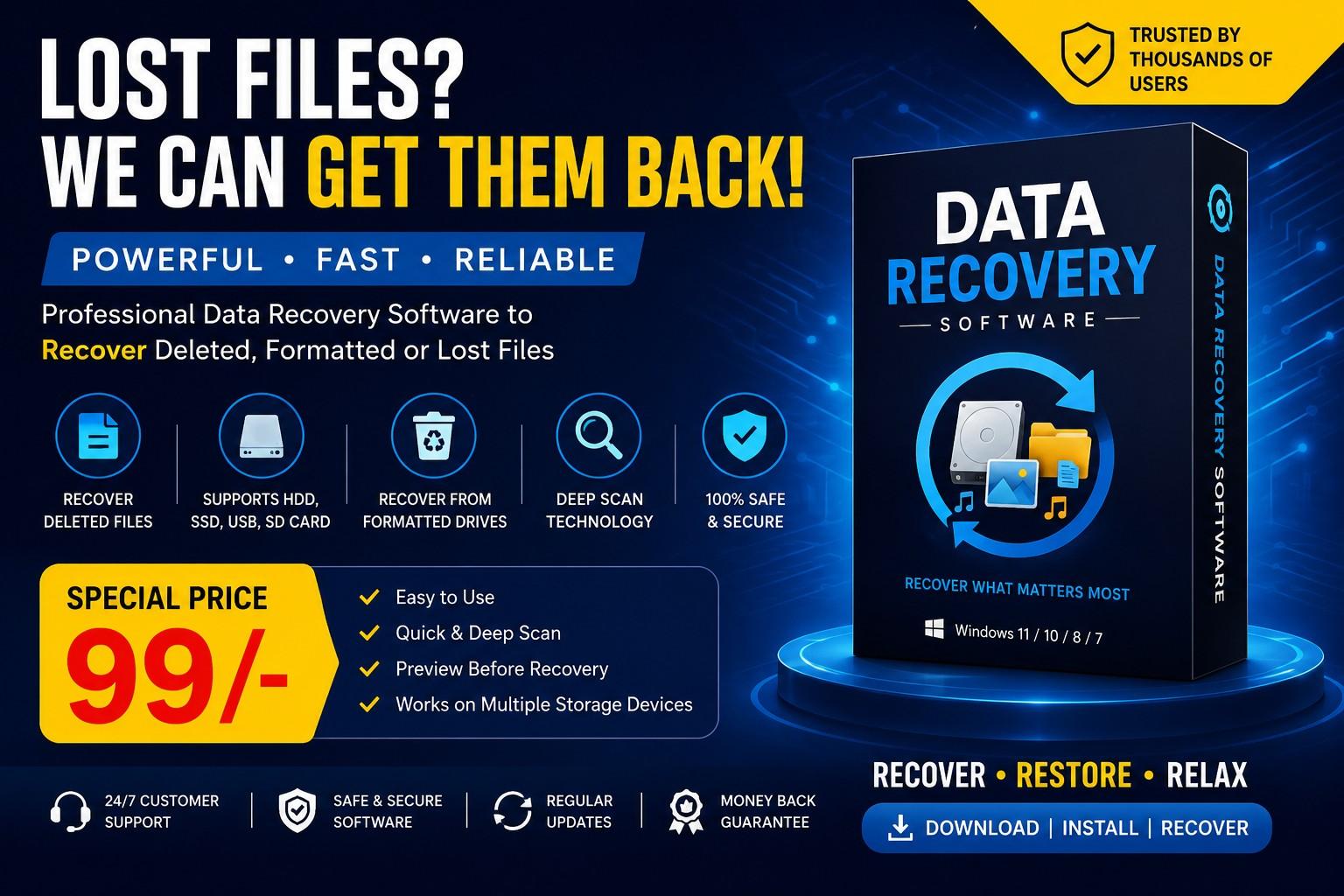 Recover. Restore. Relax. | Professional Data Recovery Software at Just ₹99/- (Graphixigo) - Windows Software  template